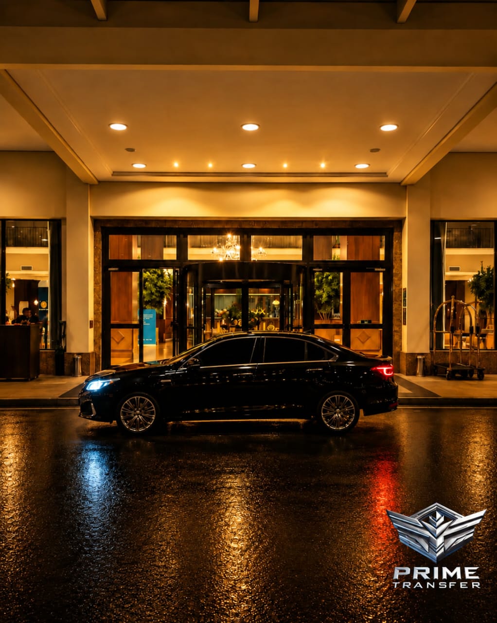 Sedan executivo preto da Prime Transfer na entrada iluminada de um hotel de luxo à noite