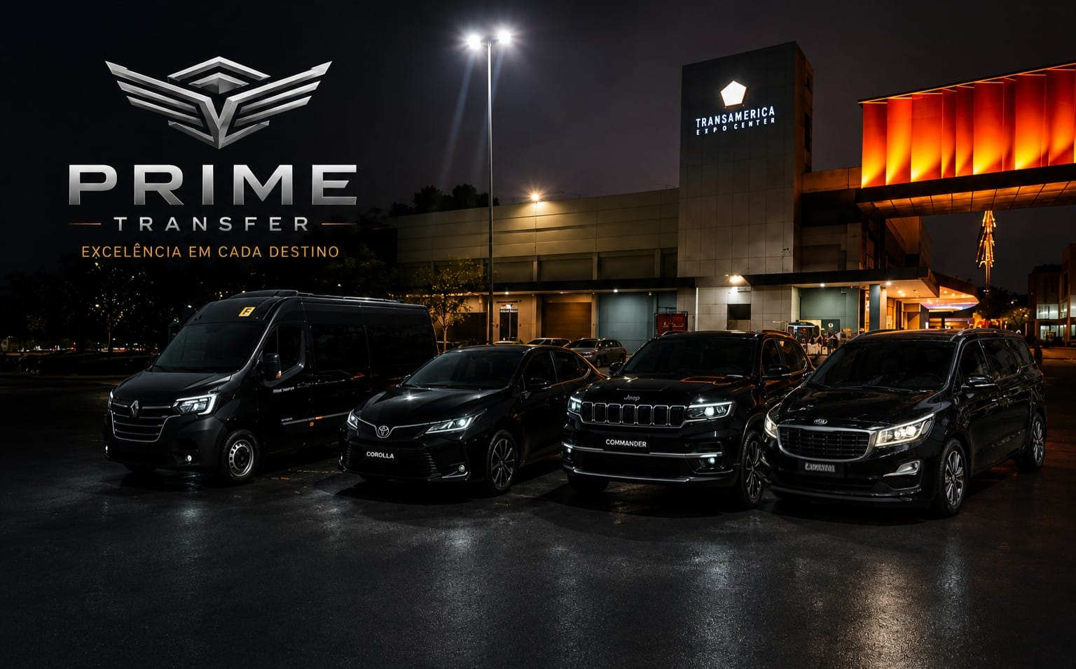 Frota executiva preta da Prime Transfer — van, sedan, SUV e minivan — em frente ao Transamerica Expo Center em São Paulo